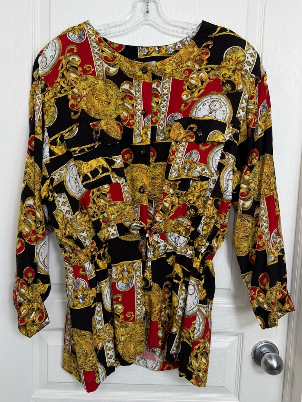 Vintage 80s Ornate Brocade Bold Statement Blouse Size Large XL Black Red